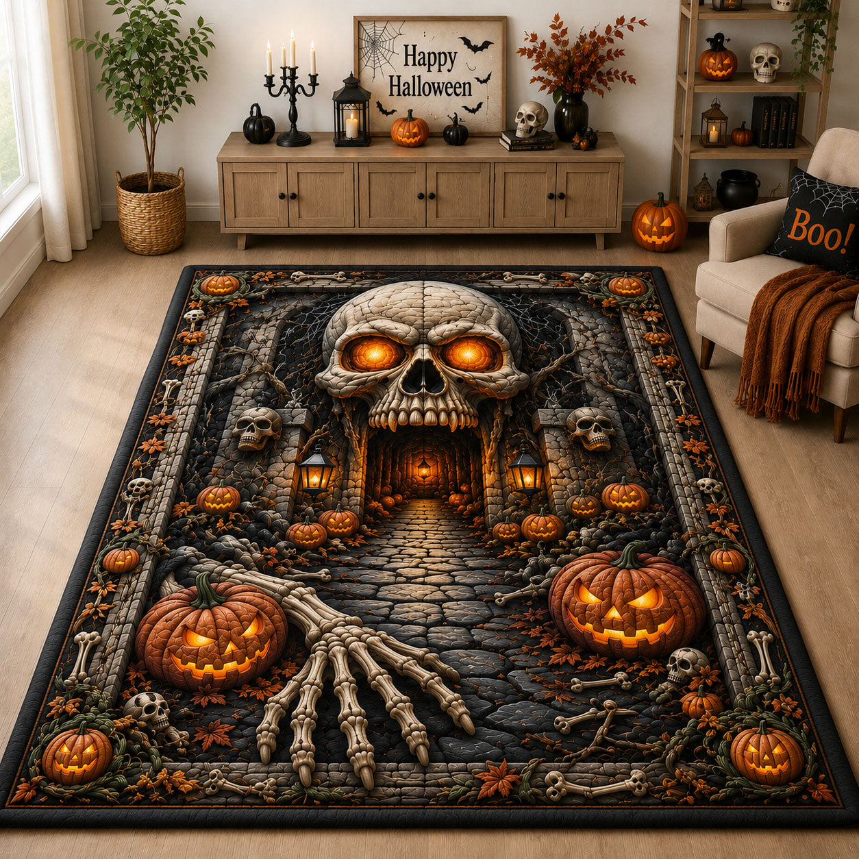 Skull Cave Pumpkin Halloween Area Rug - Non-Slip Washable 3D Print Rug for Living Room & BedroomTVC2108394