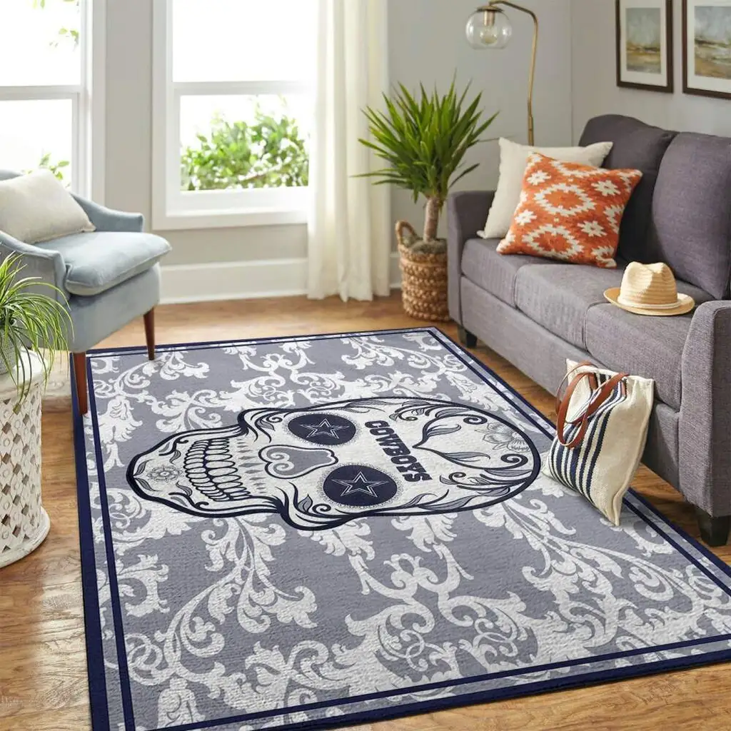 Skull Cowboy Area Rug for Living Room Decor Gray and White