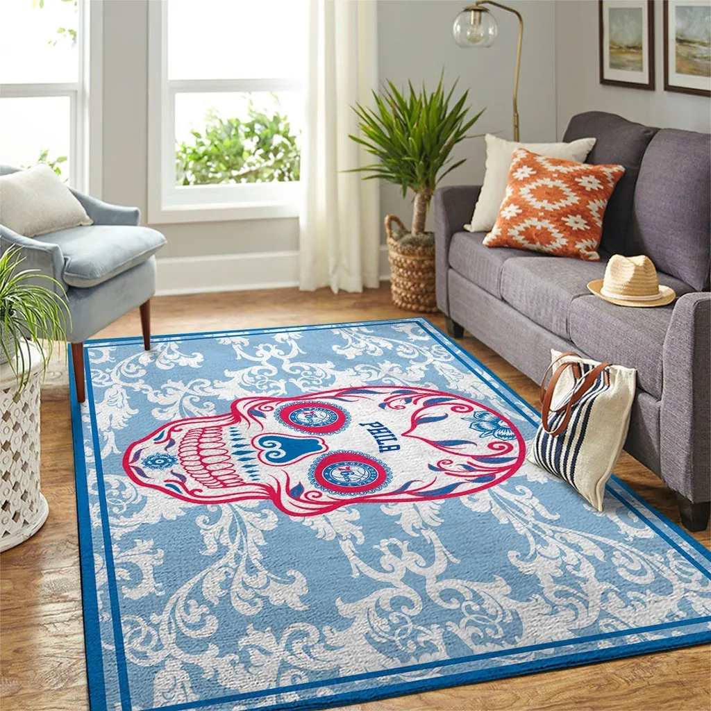 Skull Decorative Rug for Living Room Flooring Blue and White
