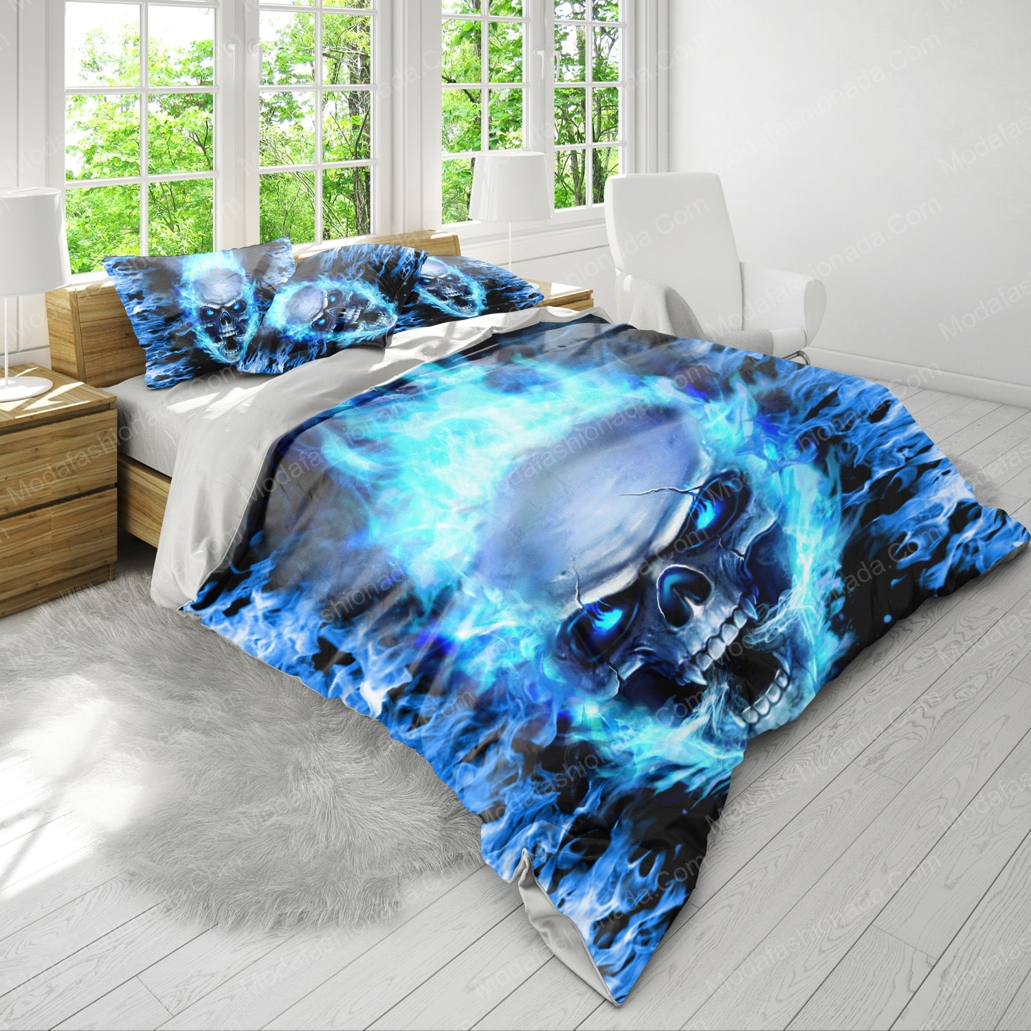 Skull Fury Blue Fire Bedding Sets