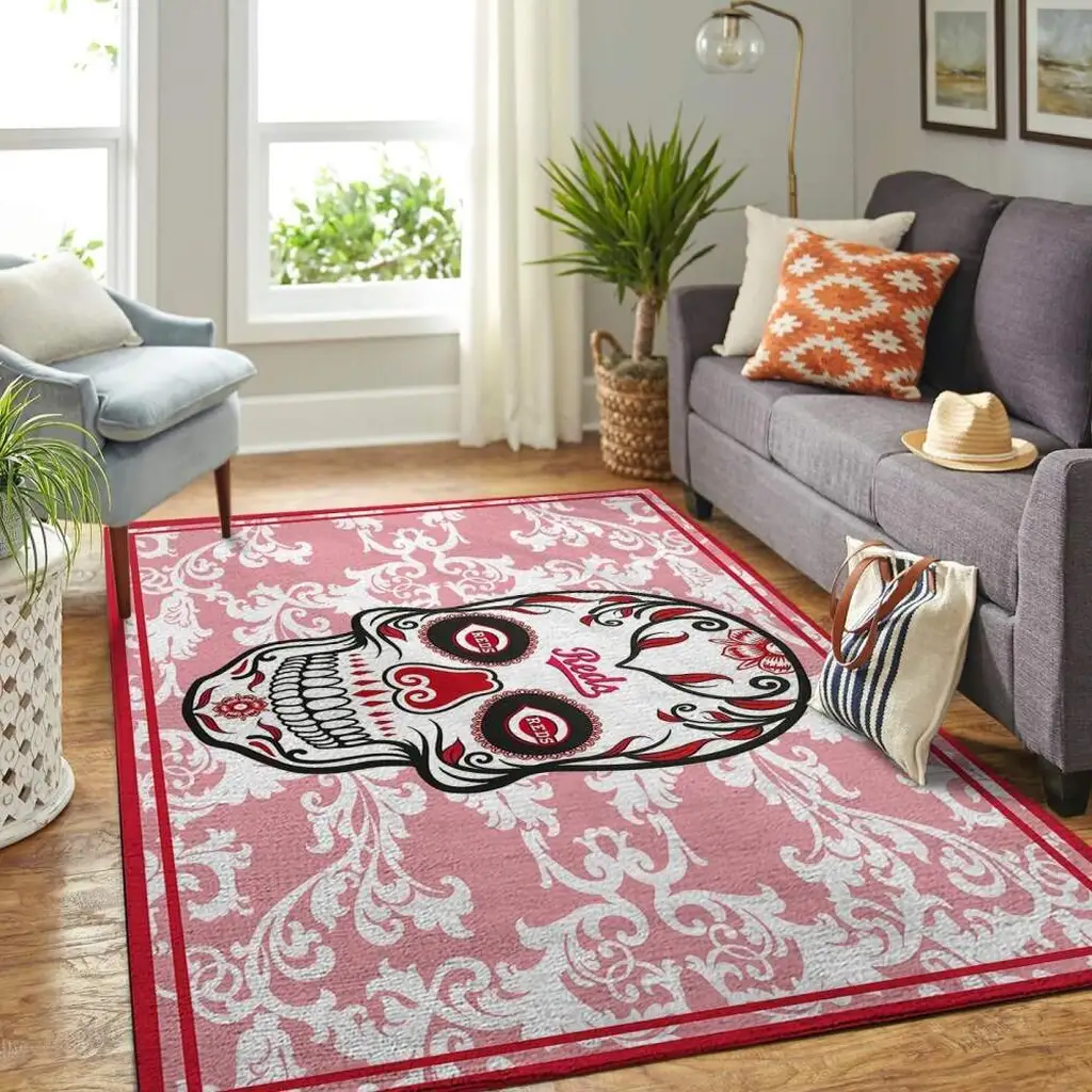 Skull Pattern Rug for Living Room Decor Pink and White