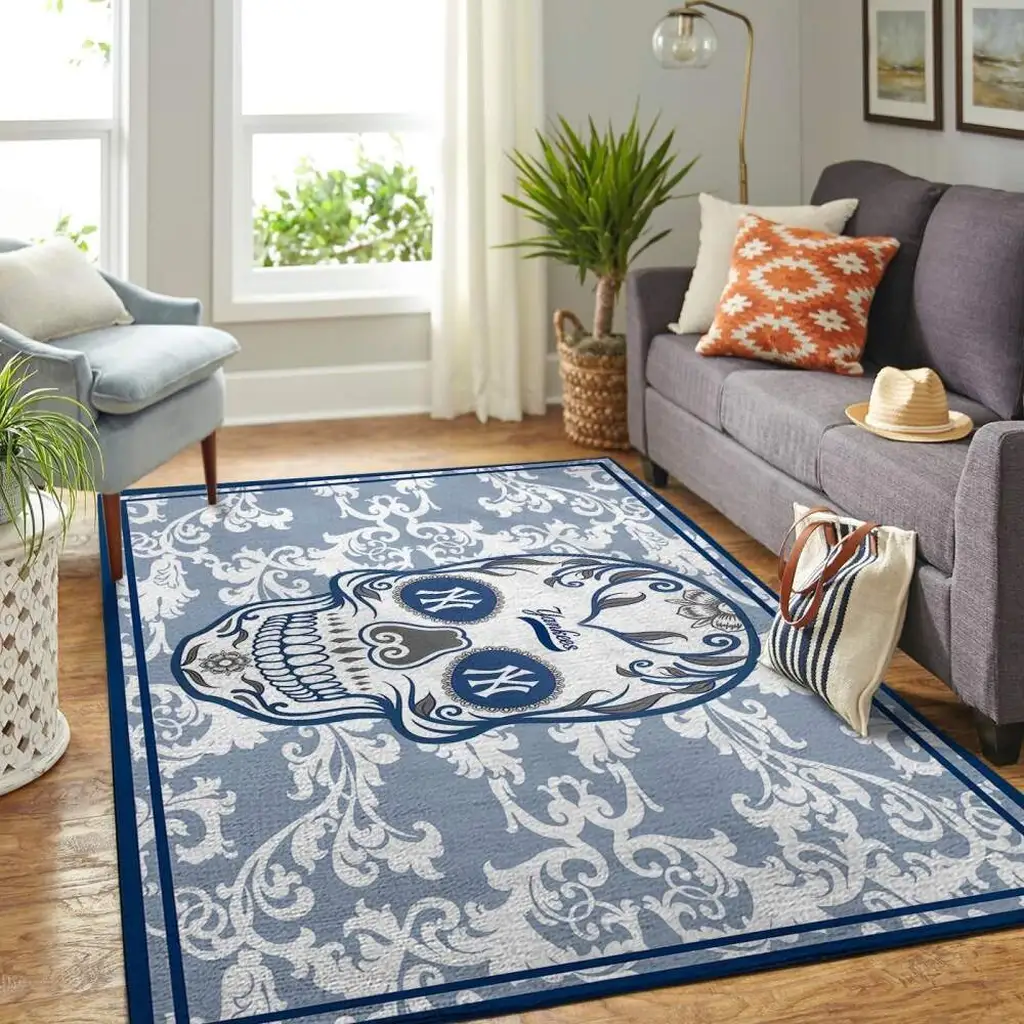 Skull Print Rug for Living Room Area Decor Blue and White