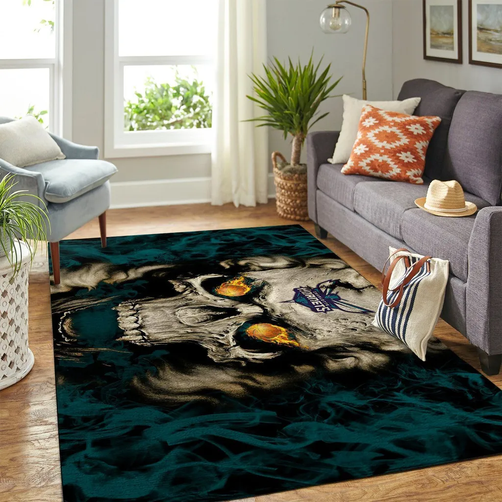 Skull Rug with Flaming Eyes for Living Room Decor Black and Teal