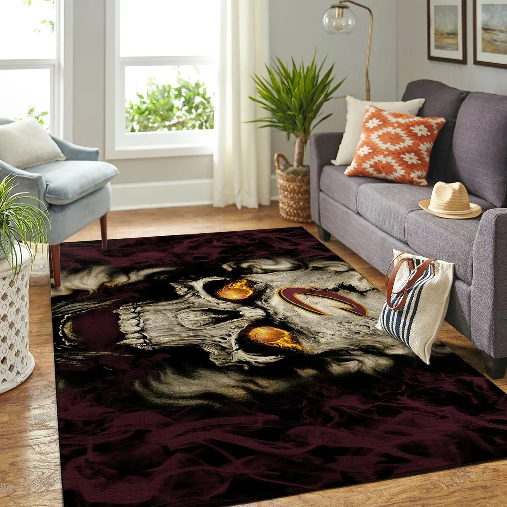 Skull Rug with Flaming Eyes Gothic Home Decor Carpet Beige and Black