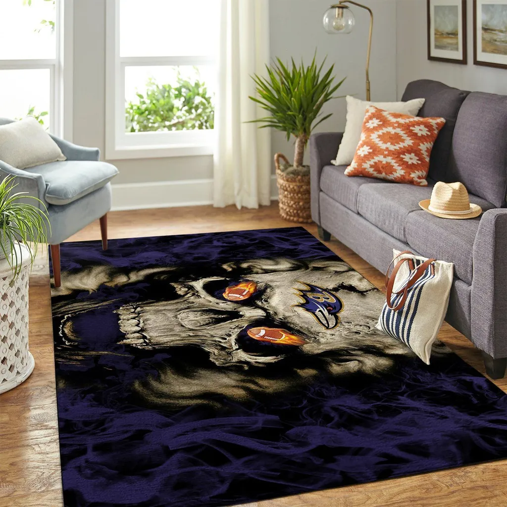 Skull Rug with Football Flames for Living Room Decor Black and Purple
