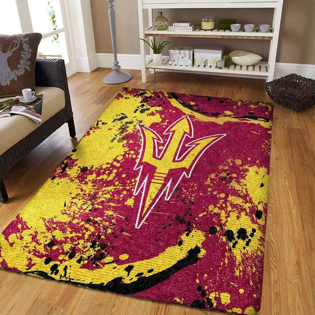 Splatter Rug with Bold Trident Logo for Living Room Red and Yellow