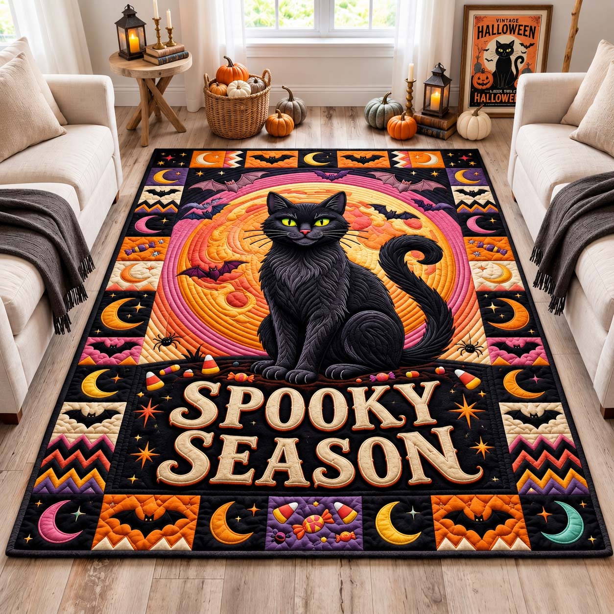 Spooky Black Cat Halloween Area Rug - Non-Slip Washable 3D Print Rug for Living Room & BedroomTVC2108363