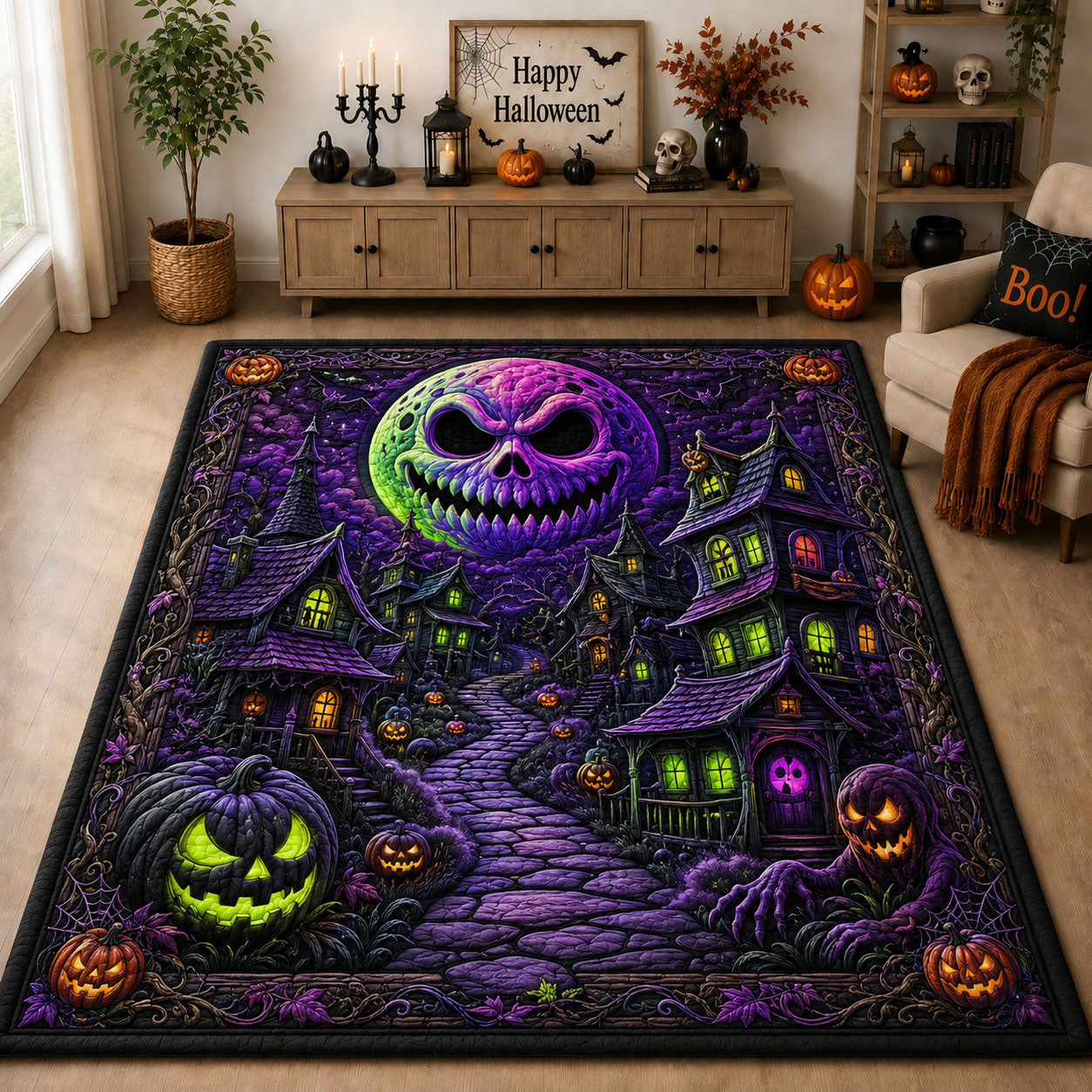 Spooky Pumpkin Village Halloween Area Rug - Non-Slip Washable 3D Print Rug for Living Room & BedroomTVC2108393