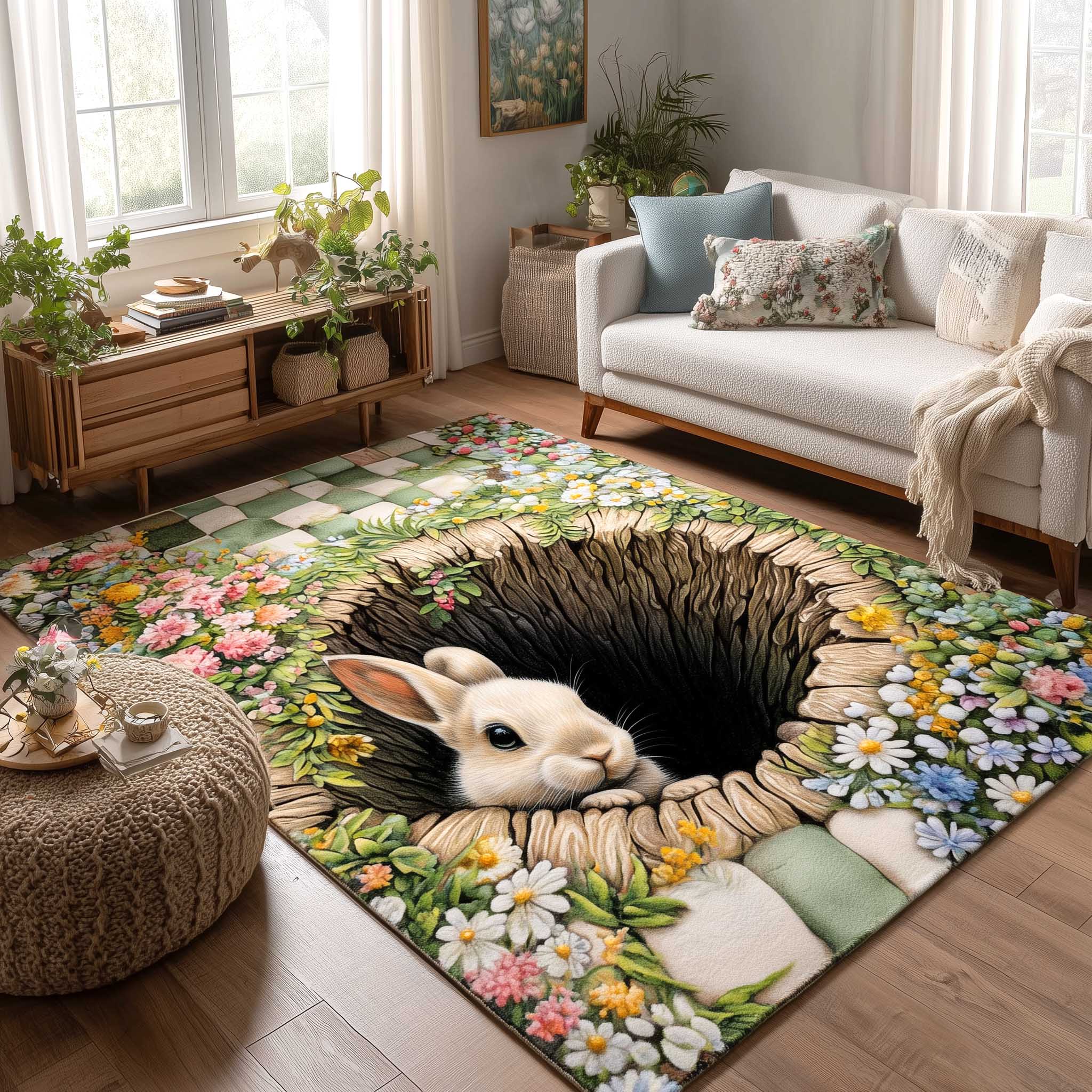 Spring Bunny Area Rug - Non-Slip Washable 3D Print Rug for Living Room & BedroomTVC2108393