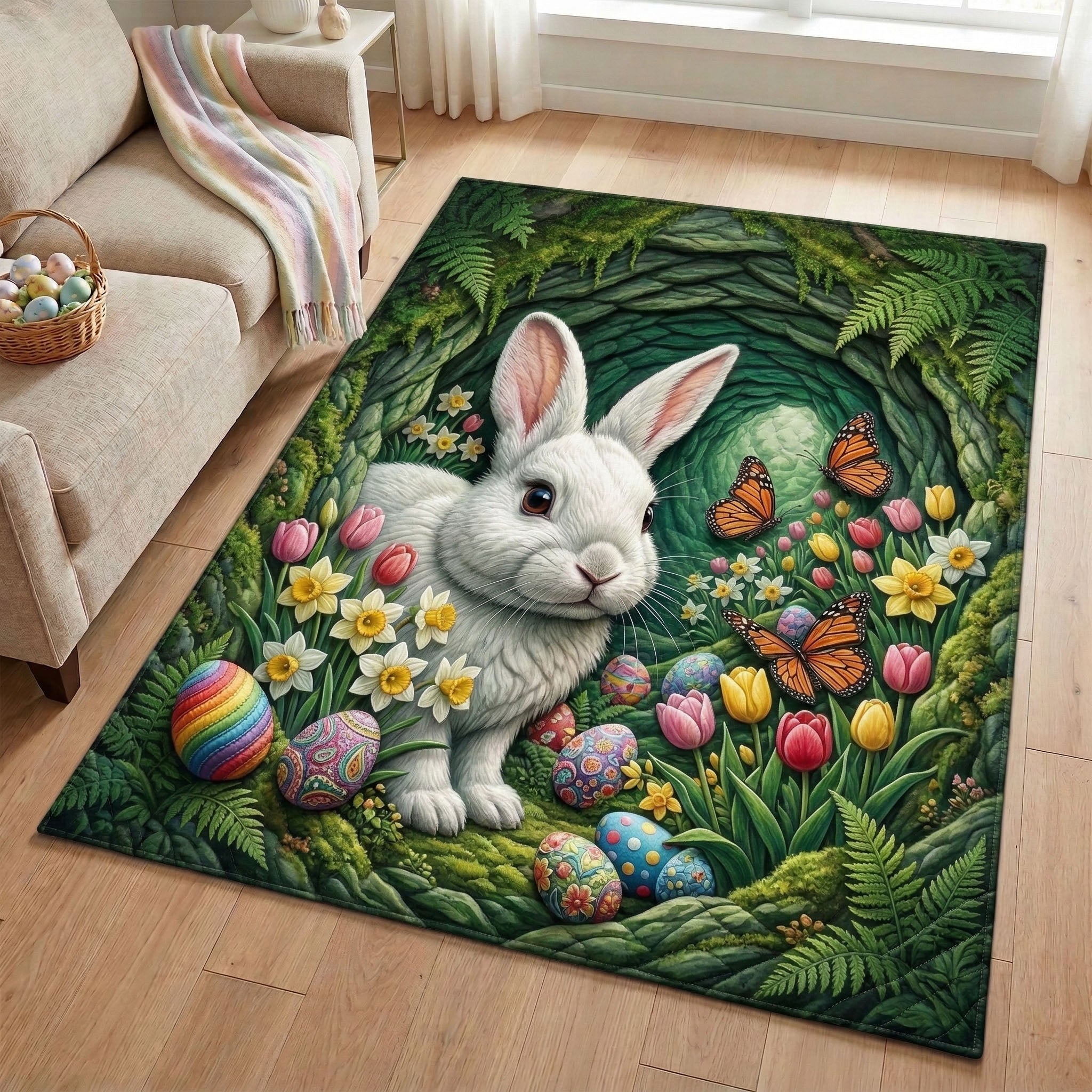 Spring Rabbit Area Rug - Non-Slip Washable 3D Print Rug for Living Room & BedroomTVC2108249