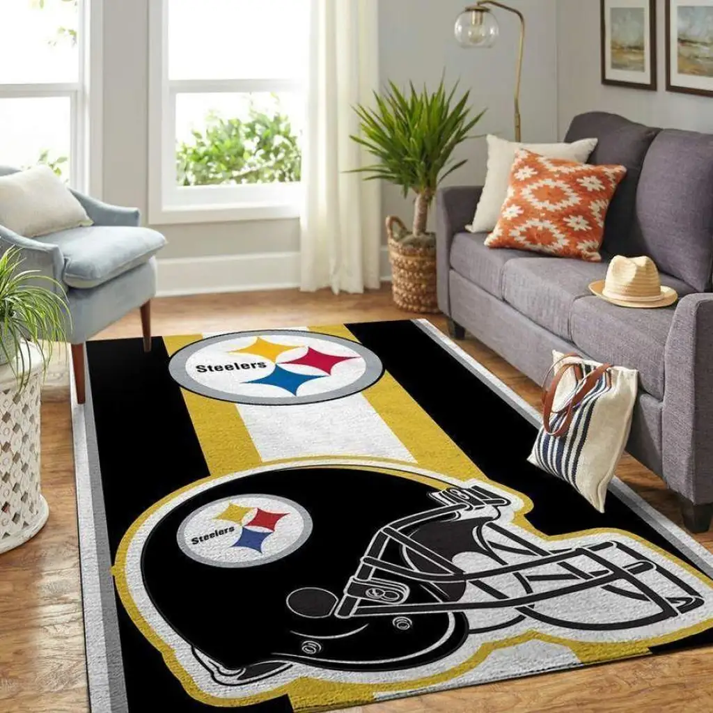 Steelers Football Helmet Rug for Living Room Decor Black and Yellow