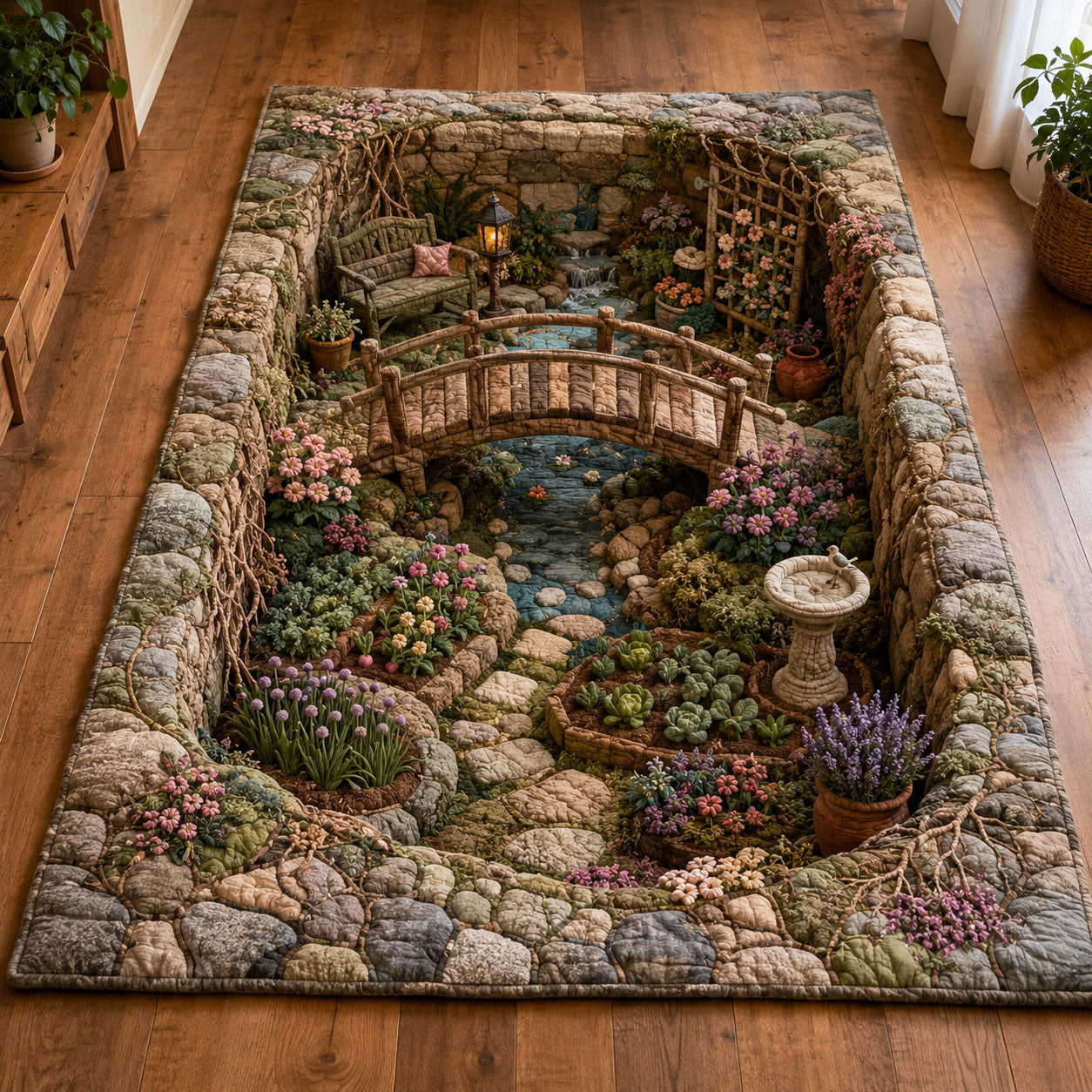 Stone Bridge Garden Area Rug - Non-Slip Washable 3D Print Rug for Living Room & BedroomTVC2108363