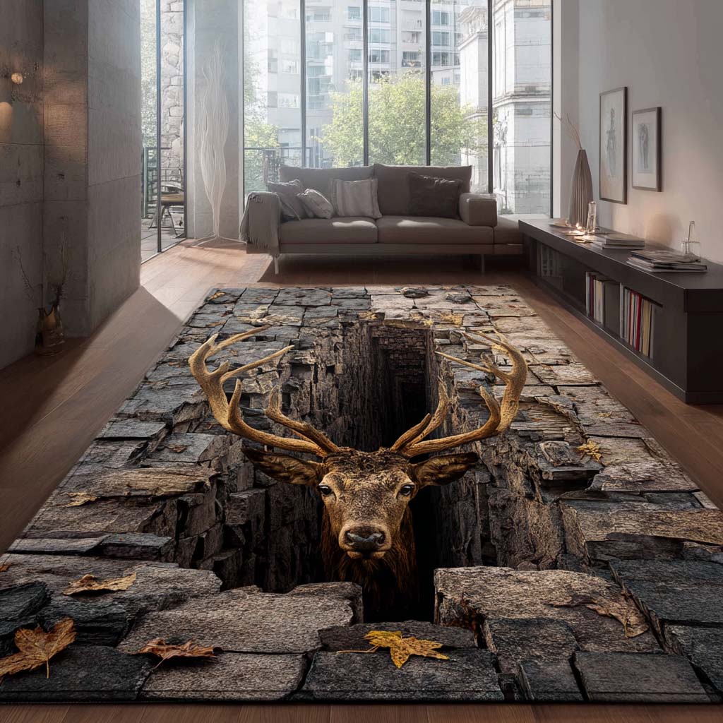 Stone Cave Deer Area Rug - Non-Slip Washable 3D Print Rug for Living Room & BedroomTVC2108266