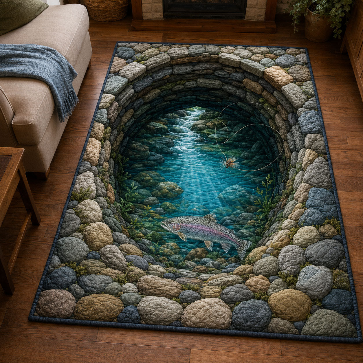 Stone Tunnel Trout River Area Rug - Non-Slip Washable 3D Print Rug for Living Room & BedroomTVC2108363