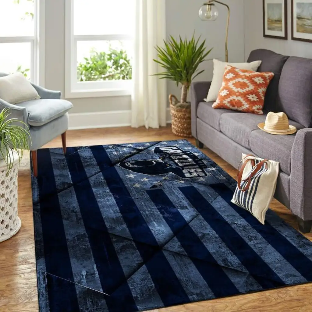 Striped Area Rug with Sports Team Logo Design Carpet Black and Blue