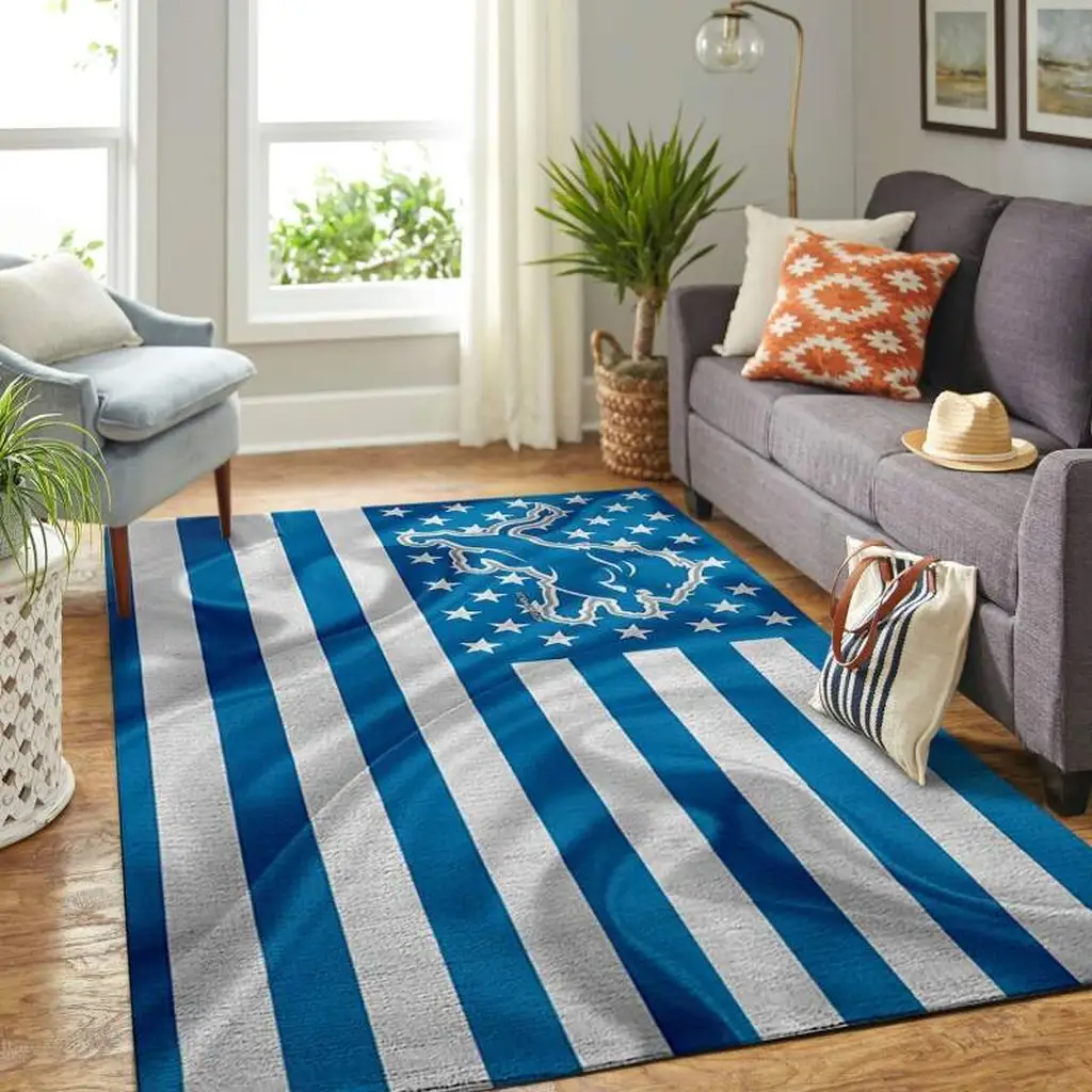 Striped Rug with Lion and Star Design for Living Room Blue and White