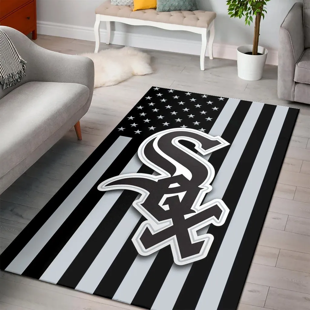 Striped Rug with Star Pattern and Bold Logo Design Black and White