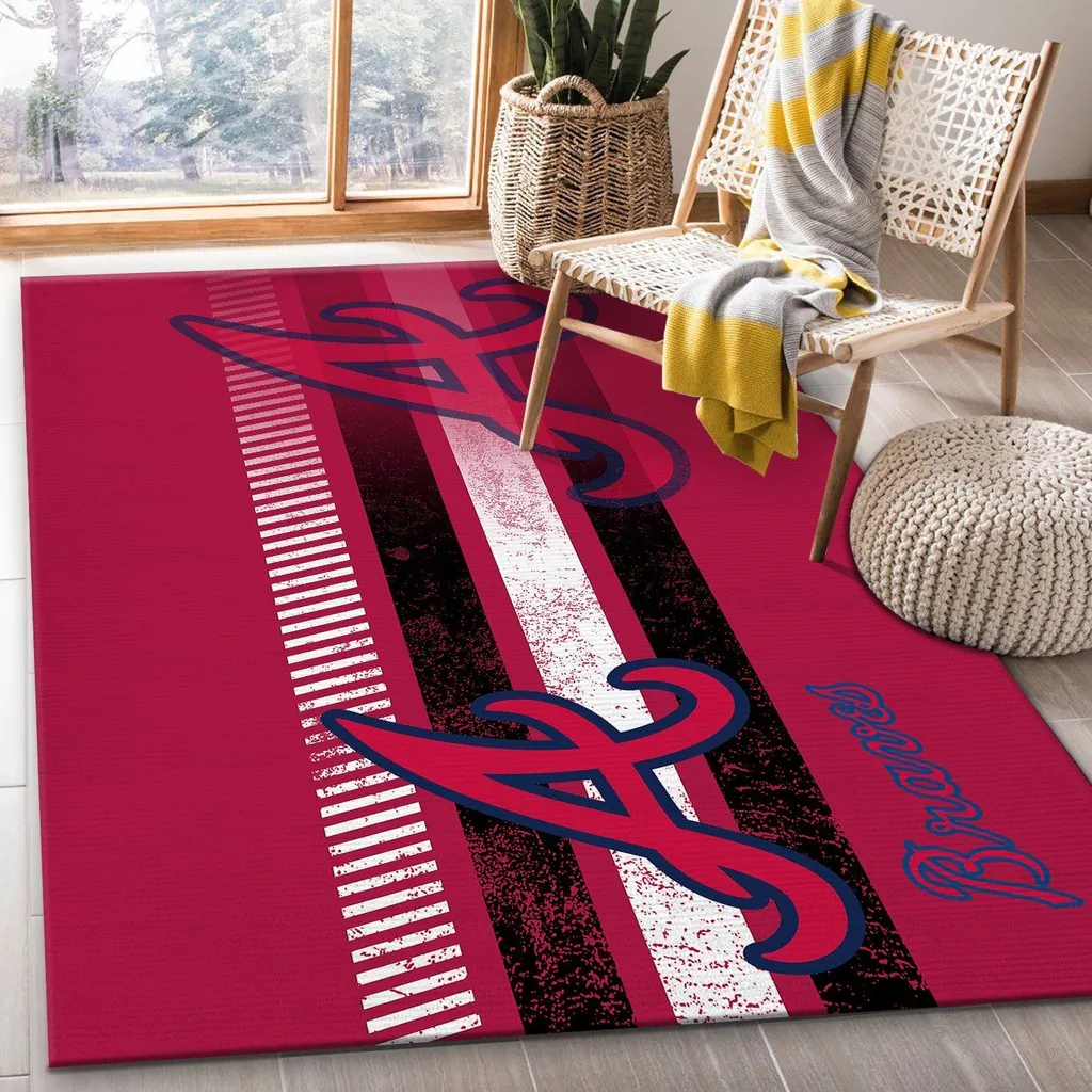 Striped Rug with Trendy Braves Lettering Design Black and Red
