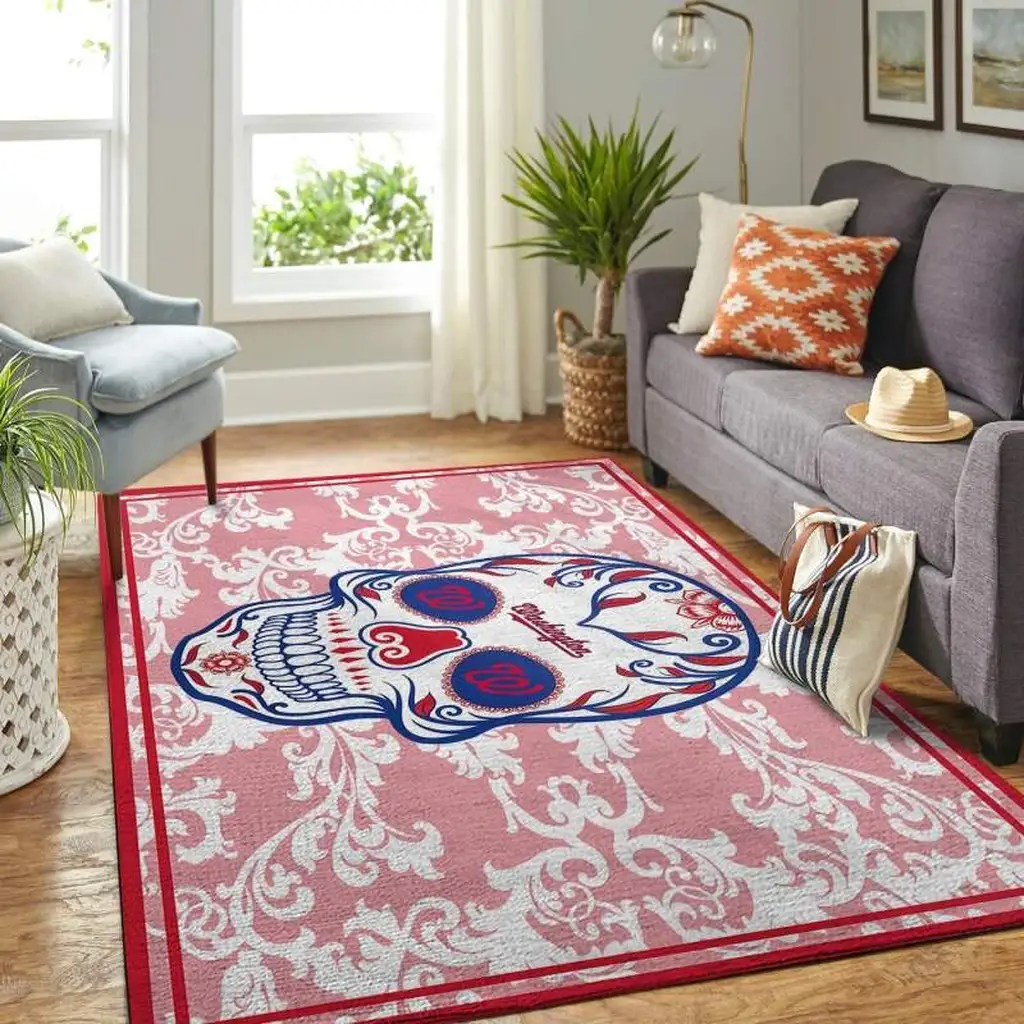 Sugar Skull Area Rug Decorative for Living Room Pink and White