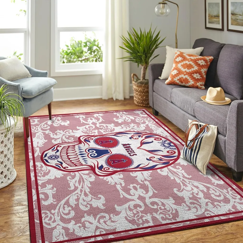 Sugar Skull Area Rug Decorative Living Room Carpet Pink and White