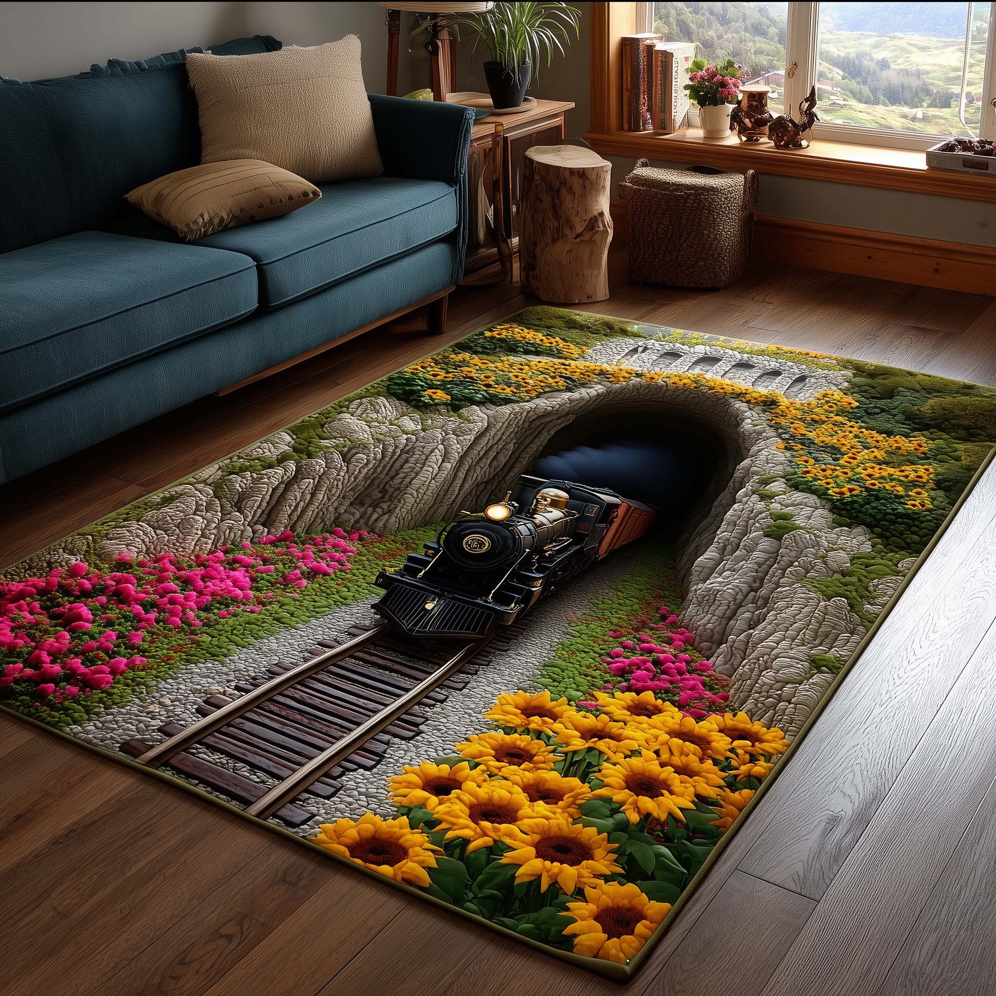 Sunflower Tunnel Express Area Rug - Non-Slip Washable 3D Print Rug for Living Room & BedroomTVC2108392