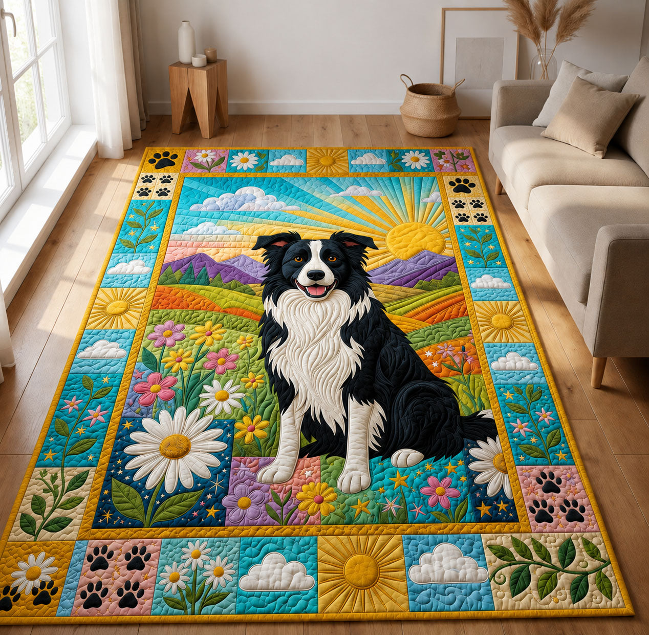 Sunny Border Collie Meadow Area Rug - Non-Slip Washable 3D Print Rug for Living Room & BedroomTVC2108392
