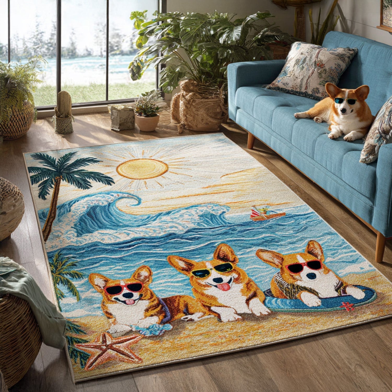 Sunny Day Corgi Area Rug - Non-Slip Washable 3D Print Rug for Living Room & BedroomTVC2108264
