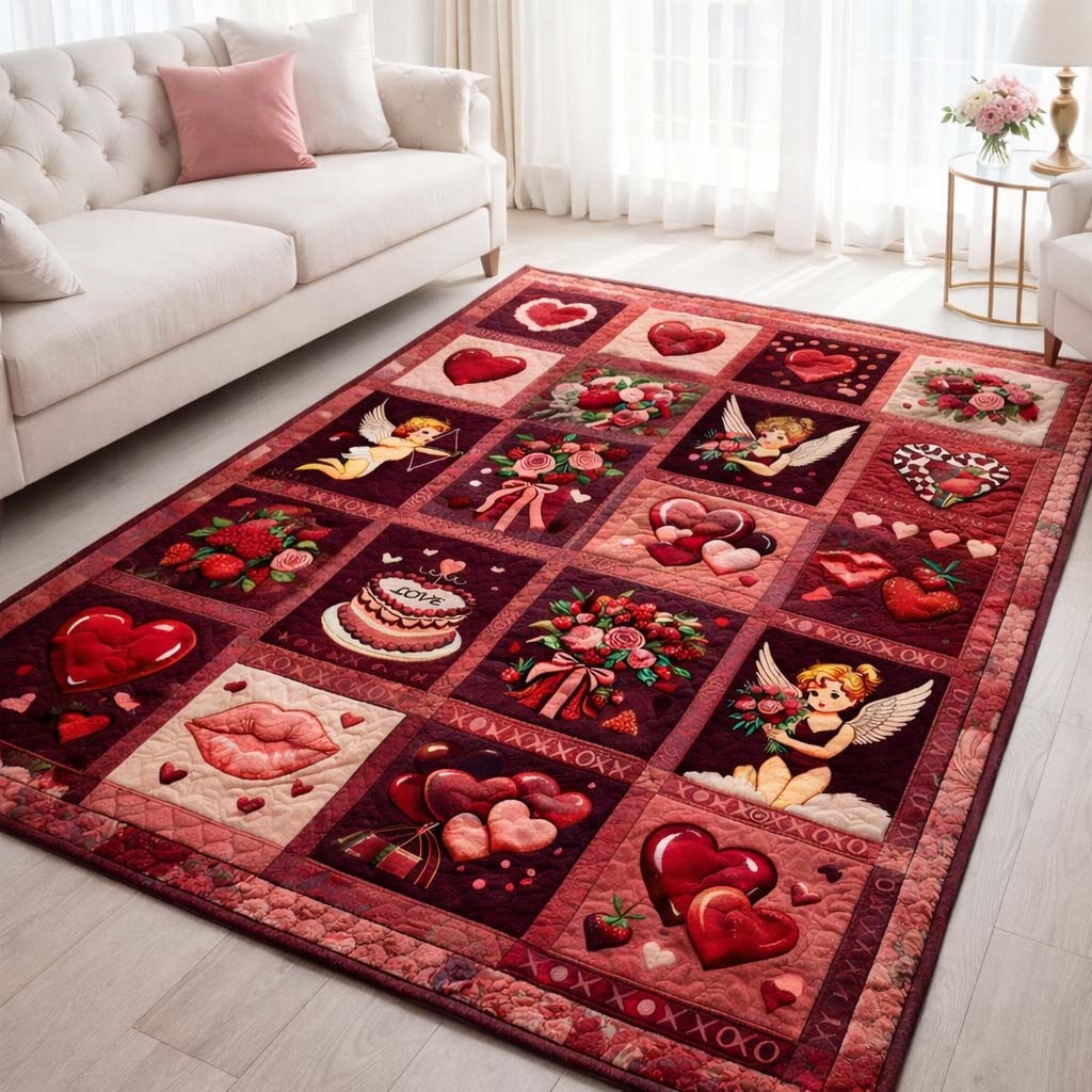Sweetheart Patchwork Area Rug - Non-Slip Washable 3D Print Rug for Living Room & BedroomTVC2108363