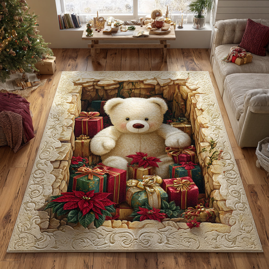 Teddy Holiday Haven Christmas Area Rug - Non-Slip Washable 3D Print Rug for Living Room & BedroomTVC2108244