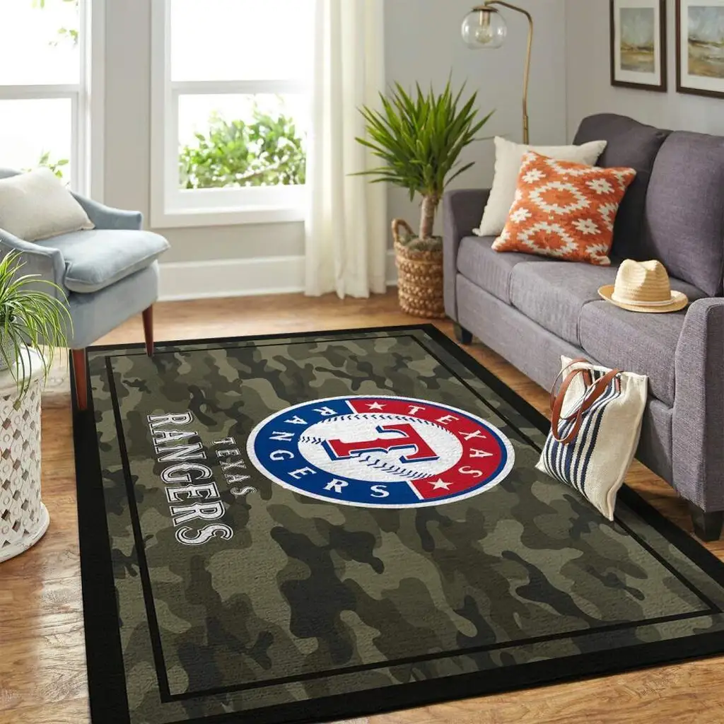 Texas Rangers Rug - Camo Area with Team Logo Design Blue and Red