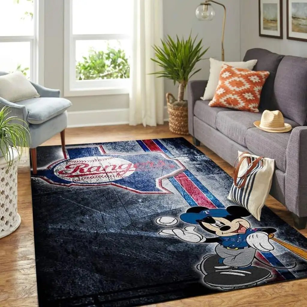Texas Rangers Rug - Mickey Mouse Baseball Disney Fans Black and Blue