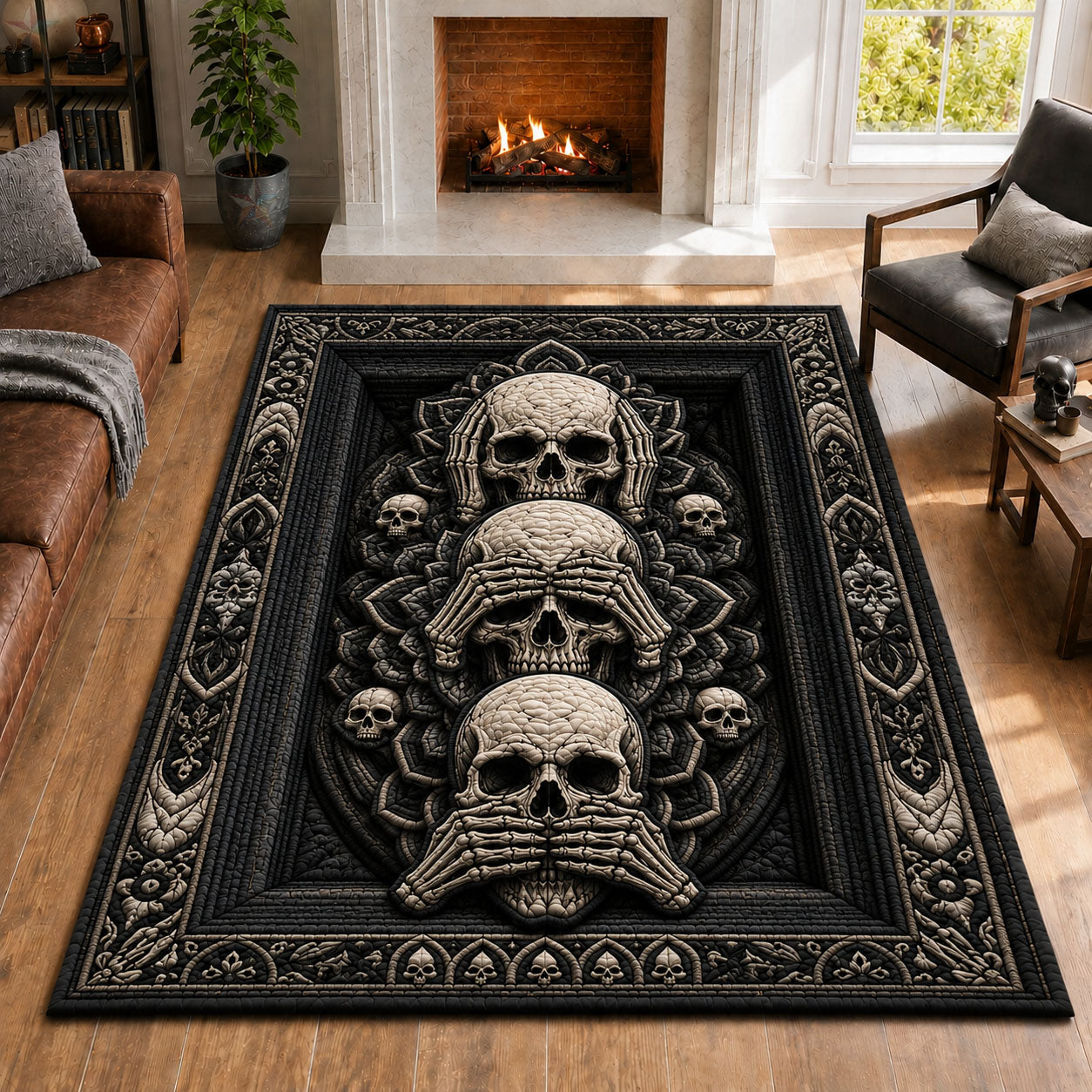 Three Wise Skulls Gothic Area Rug - Non-Slip Washable 3D Print Rug for Living Room & BedroomTVC2108390