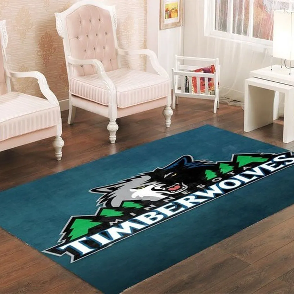 Timberwolves Logo Area Rug for Living Room Decor Blue and Green