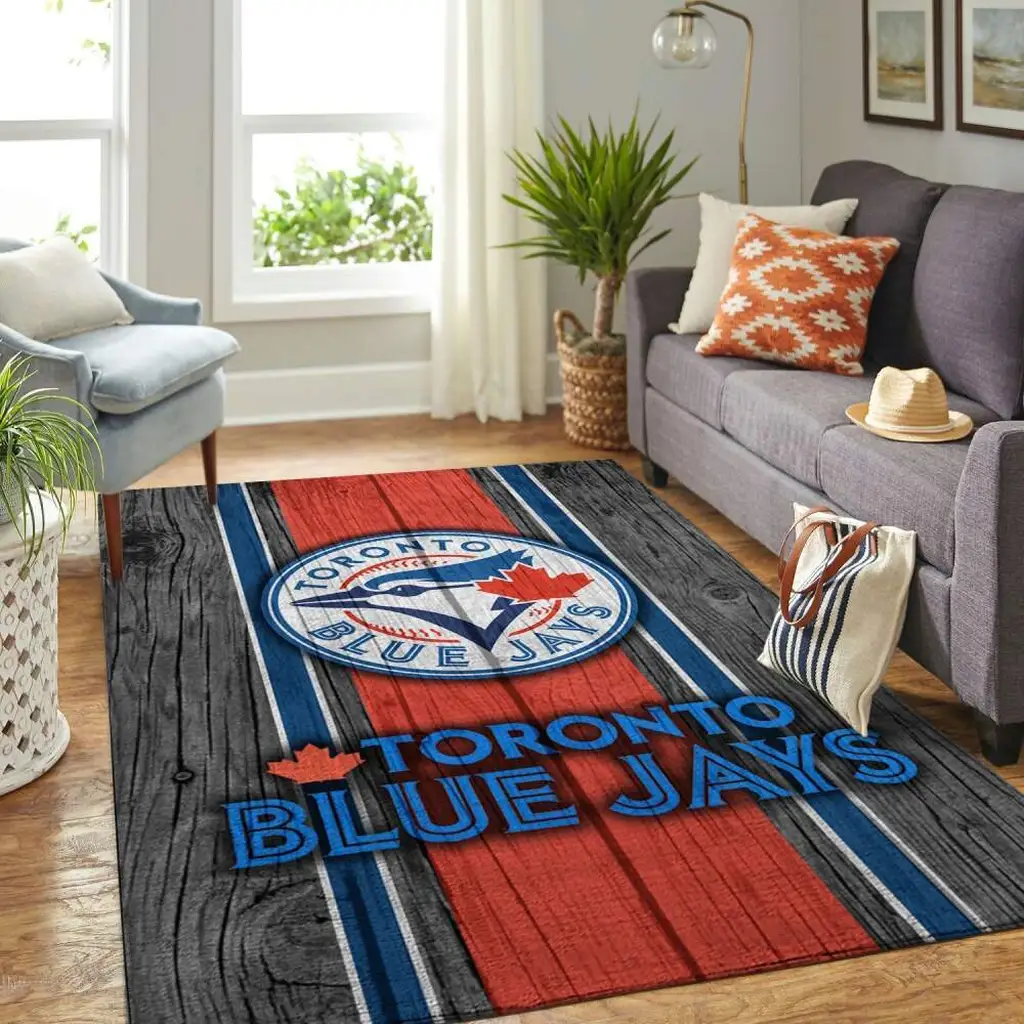 Toronto Jays Rug - Wooden Floor Design Area Blue and Red