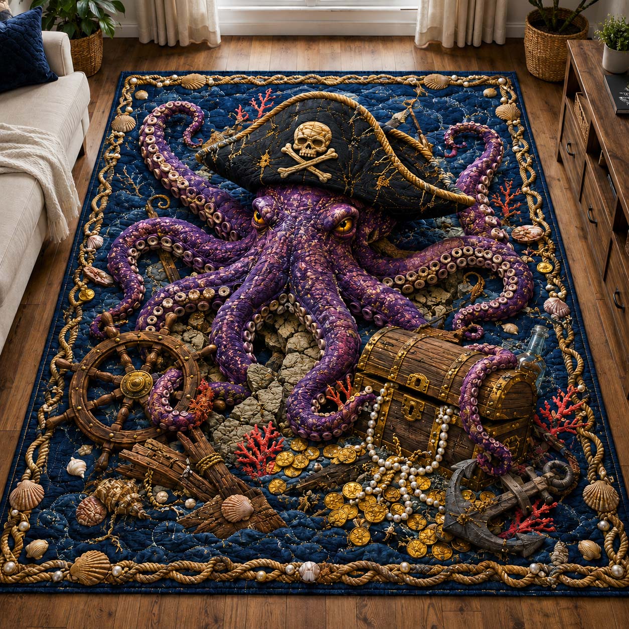 Treasure Sea Kraken Area Rug - Non-Slip Washable 3D Print Rug for Living Room & BedroomTVC2108389