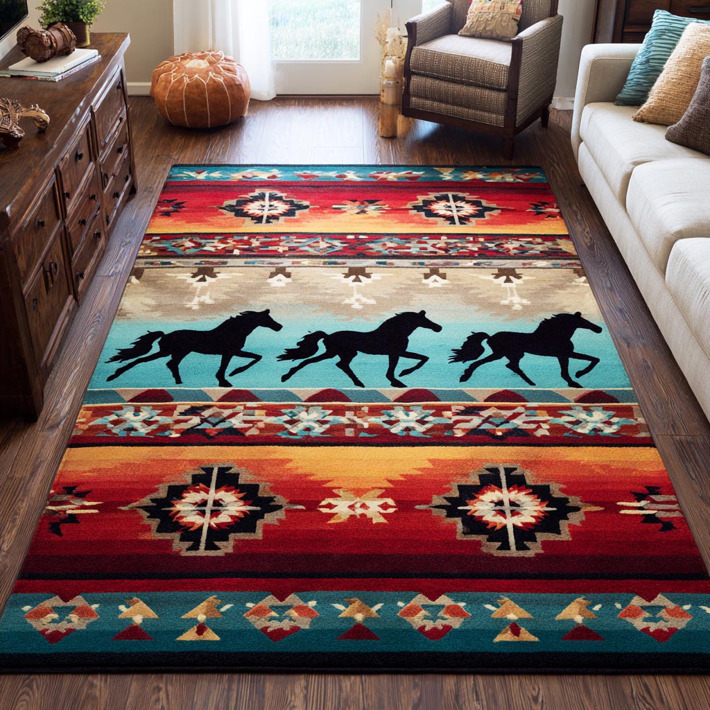 Tribal Horse Area Rug - Non-Slip Washable 3D Print Rug for Living Room & BedroomTVC2108243