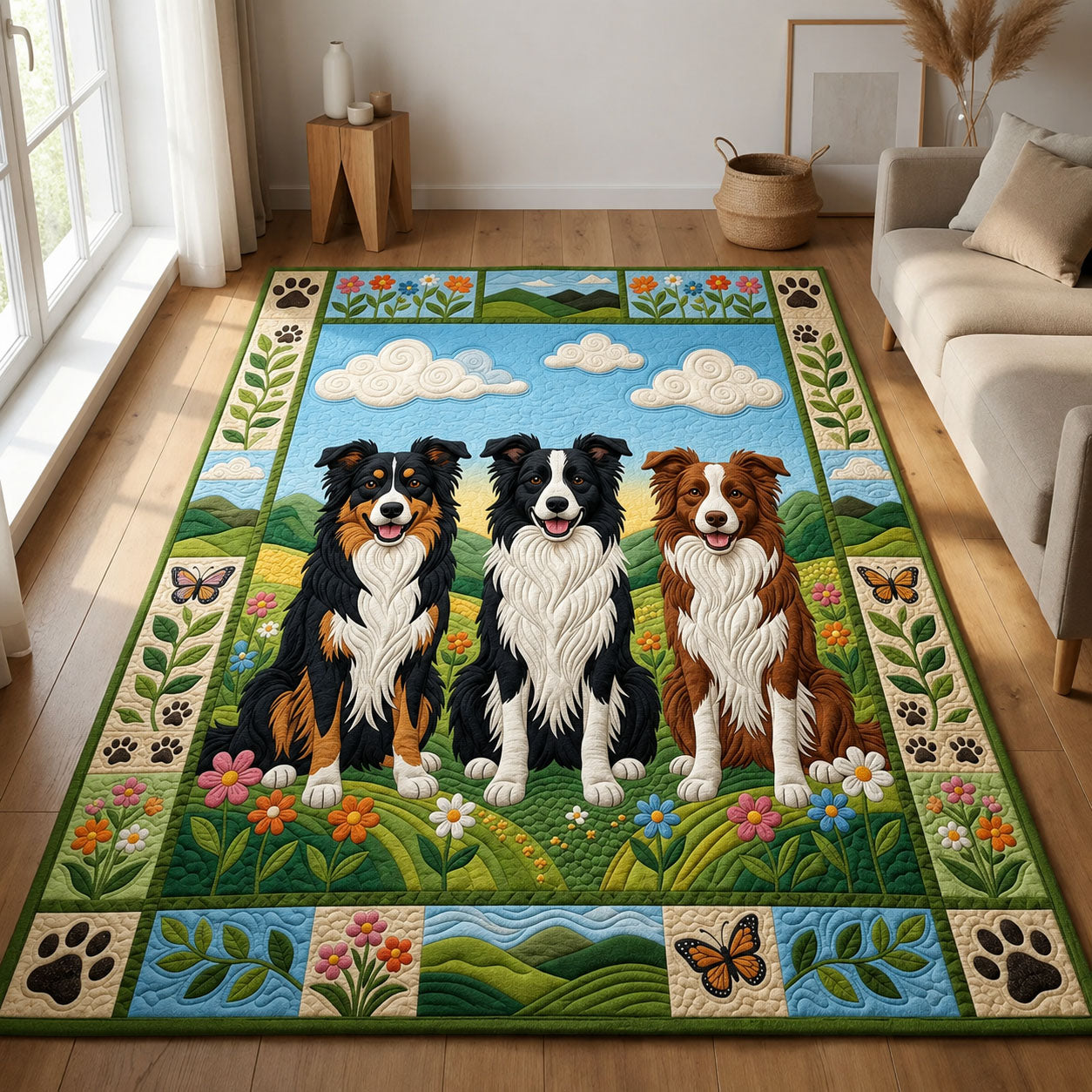 Triple Collie Meadow Area Rug - Non-Slip Washable 3D Print Rug for Living Room & BedroomTVC2108389