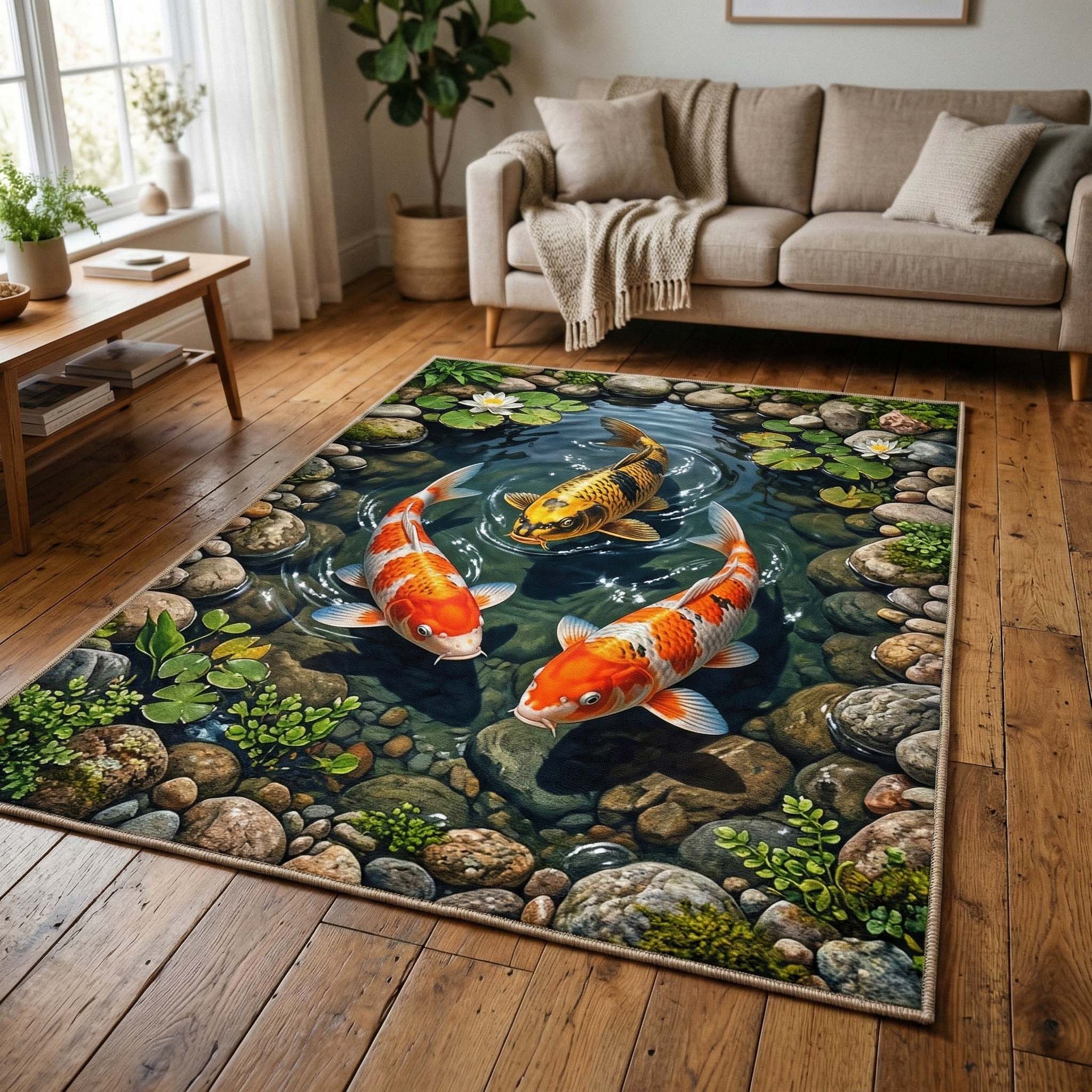 Triple Koi Area Rug - Non-Slip Washable 3D Print Rug for Living Room & BedroomTVC2108389