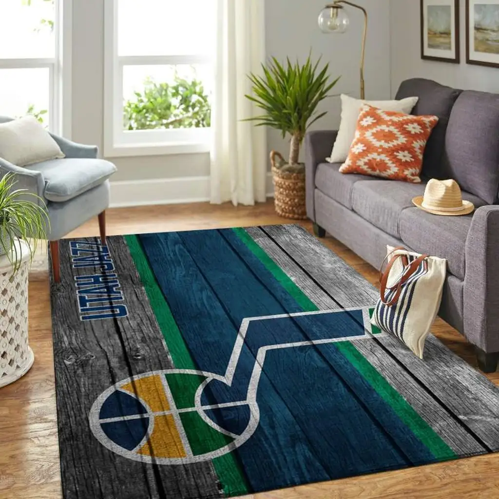 Utah Jazz Rug - Basketball Hardwood Floor Design Carpet Black and Blue