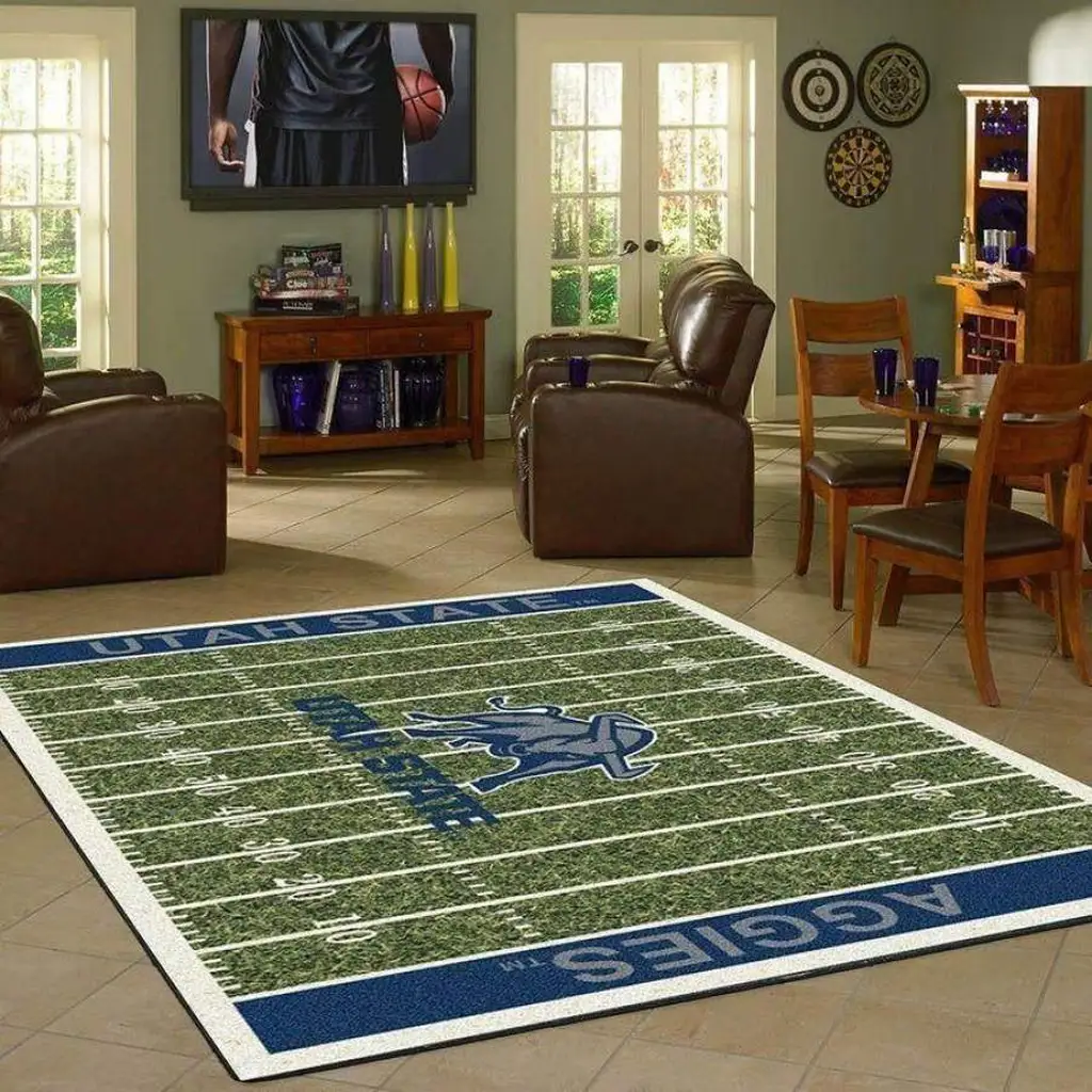 Utah State Aggies Football Rug Field Design Carpet Blue and Green