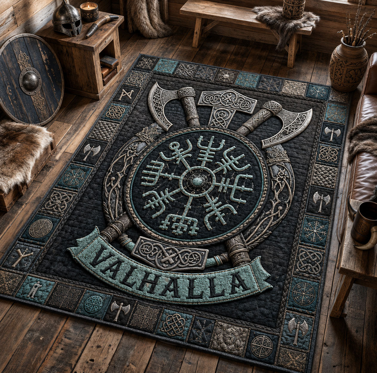 Valhalla Viking Compass Area Rug - Non-Slip Washable 3D Print Rug for Living Room & BedroomTVC2108361