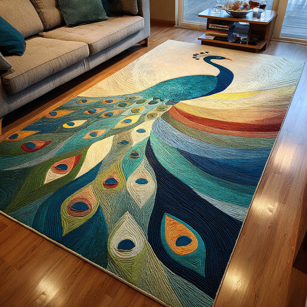 Vivid Peacock Feather Area Rug - Non-Slip Washable 3D Print Rug for Living Room & BedroomTVC2108242