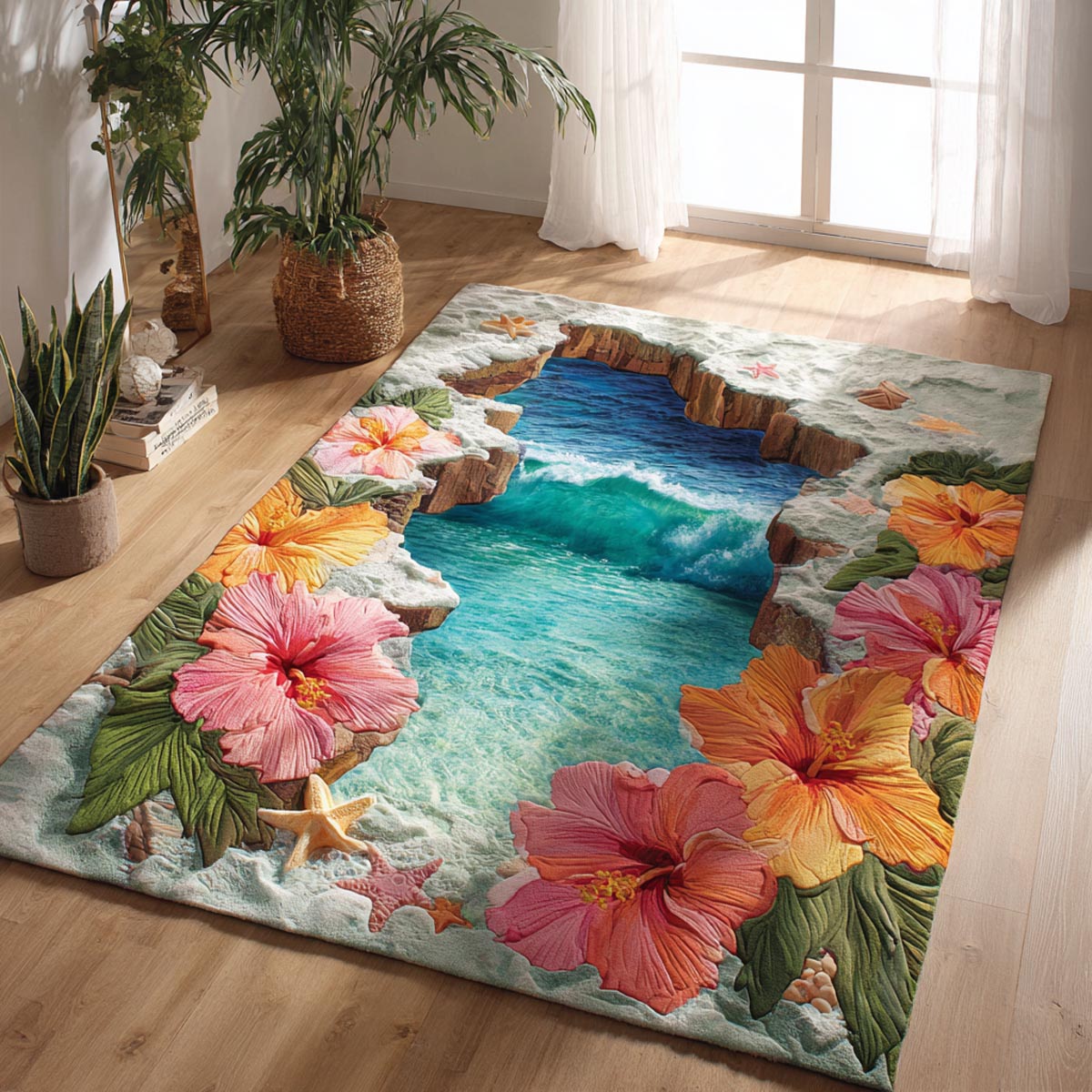 Warm Hibiscus Area Rug - Non-Slip Washable 3D Print Rug for Living Room & BedroomTVC2108257