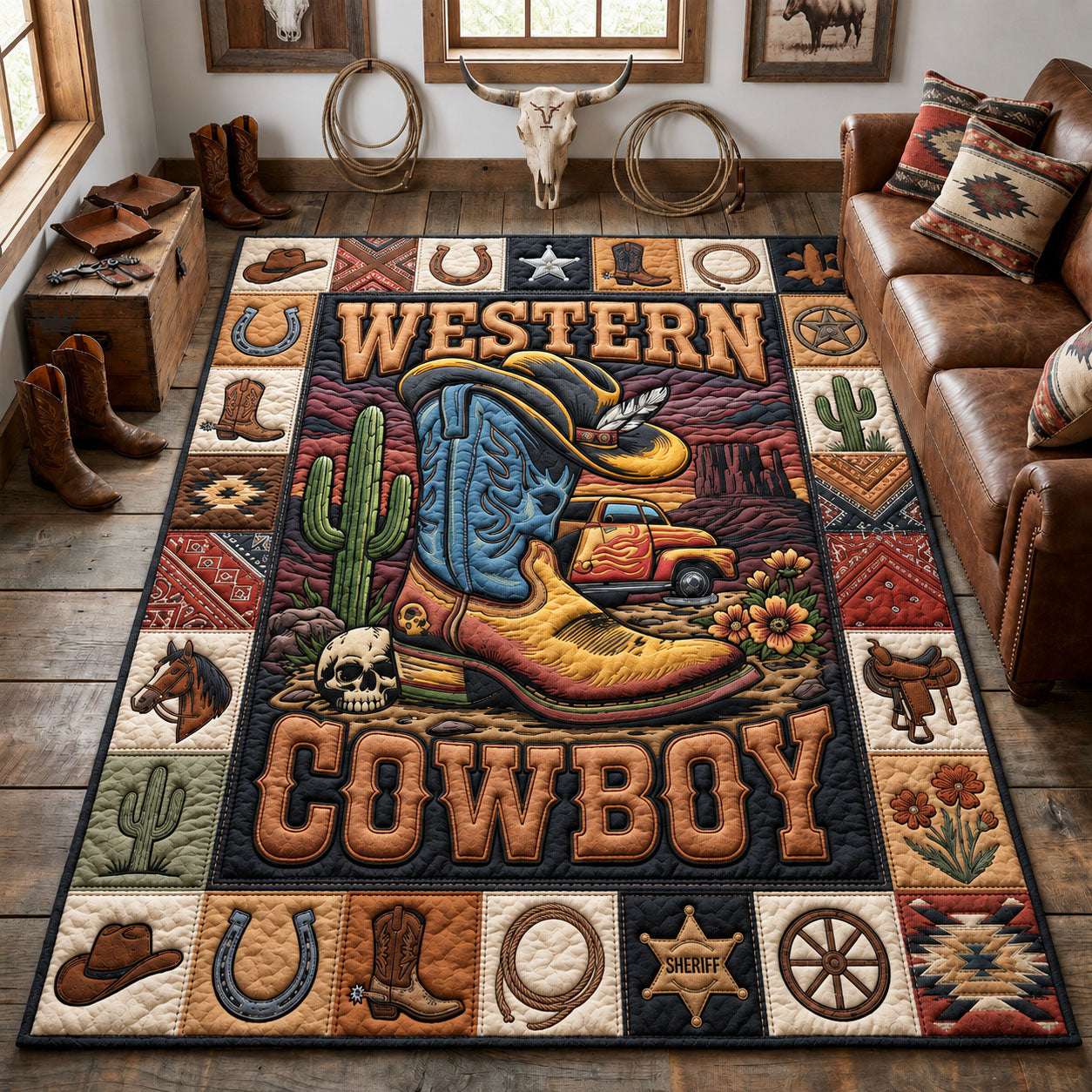 Western Cowboy Area Rug - Non-Slip Washable 3D Print Rug for Living Room & BedroomTVC2108220