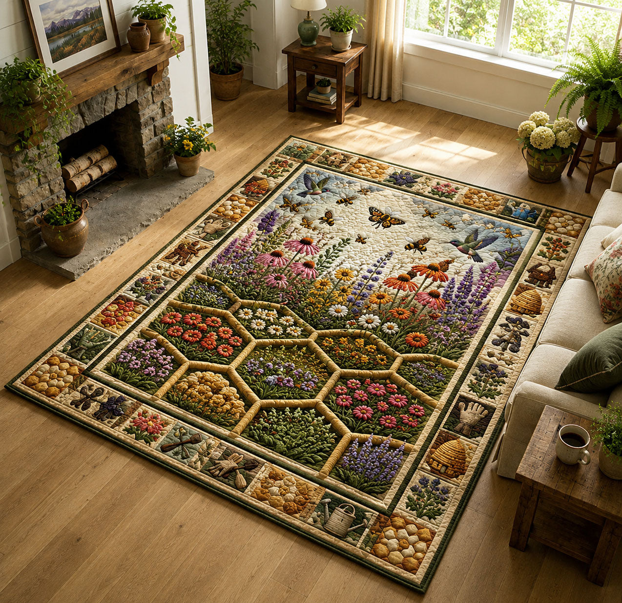 Wildflower Honeycomb Garden Area Rug - Non-Slip Washable 3D Print Rug for Living Room & BedroomTVC2108383