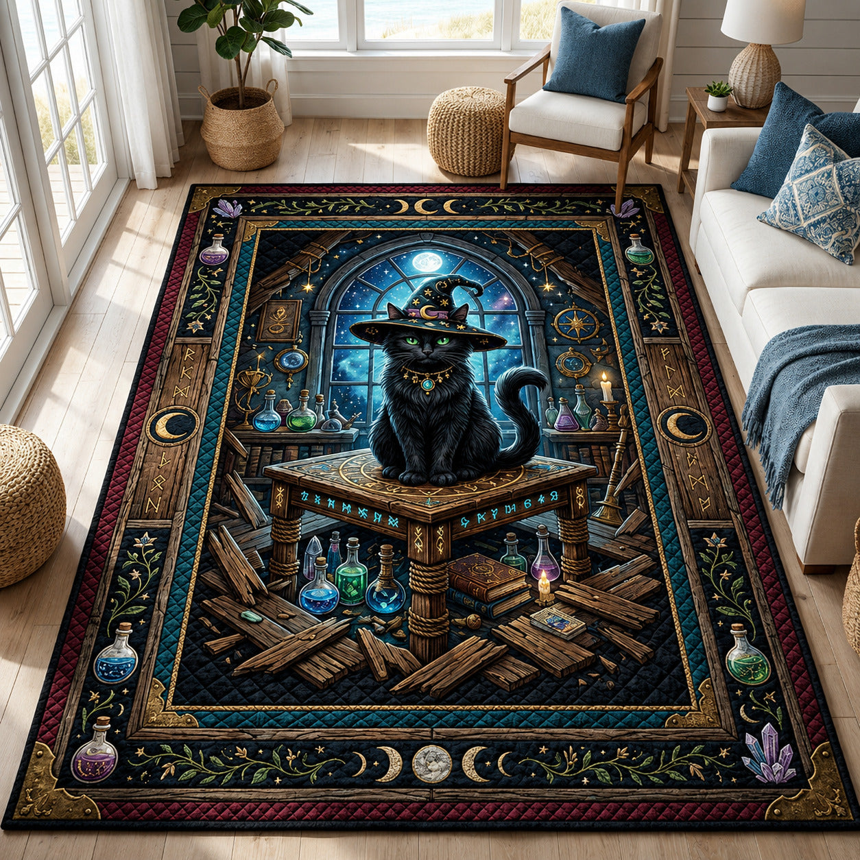 Witch Black Cat Halloween Area Rug - Non-Slip Washable 3D Print Rug for Living Room & BedroomTVC2108360