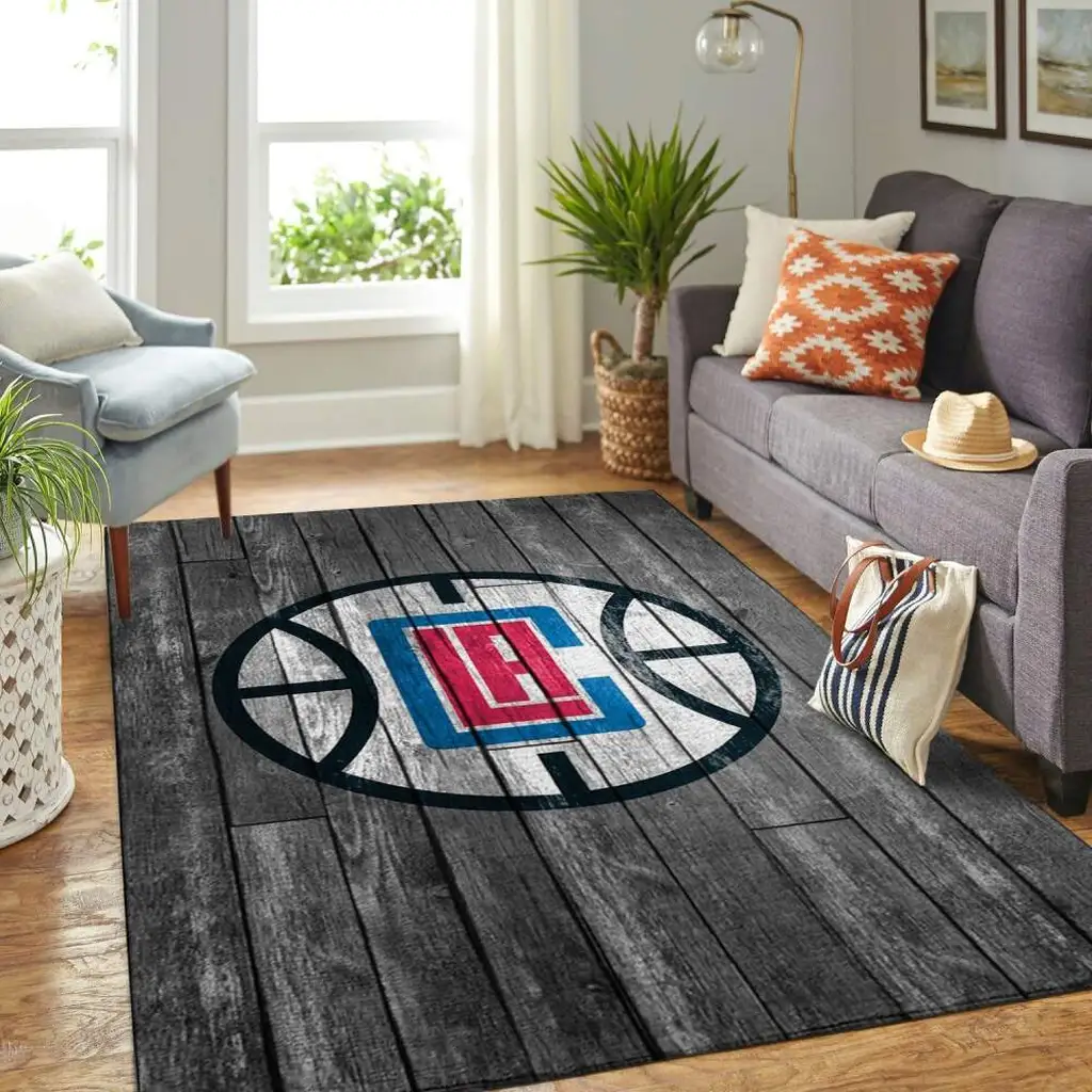 Wooden Floor Rug with Sports Logo Pattern Design Black and White