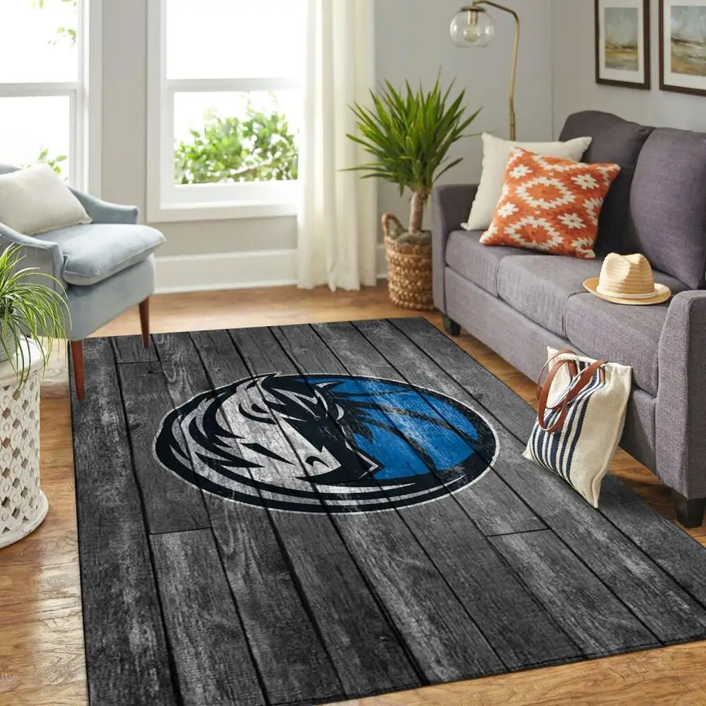 Wooden Floor Style Living Room Rug with Horse Logo Black and Blue