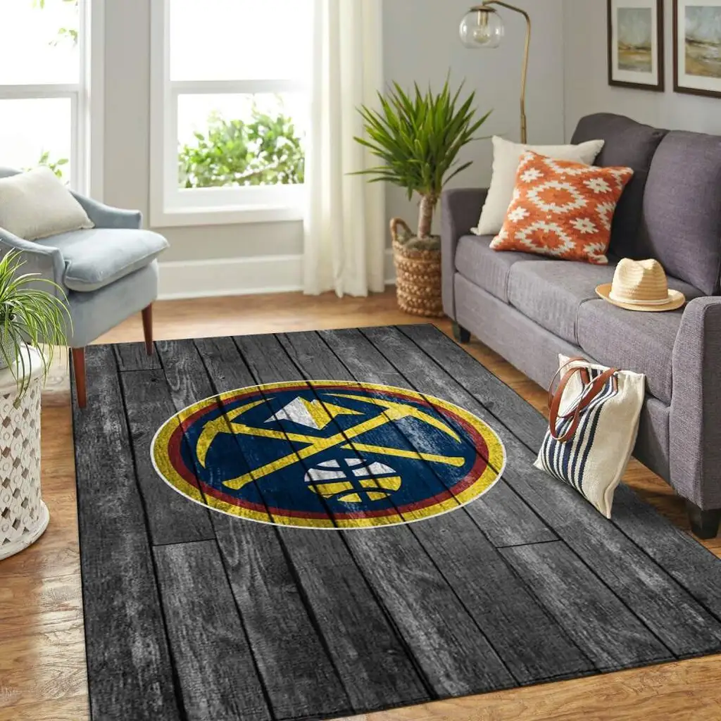 Wooden Floor Style Rug with Sports Logo Design Carpet Black and Red