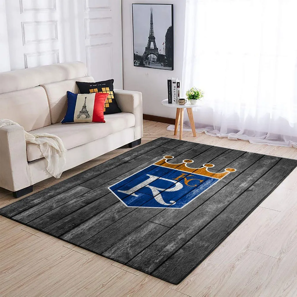 Wooden Pattern Rug with Crown Emblem for Living Room Decor Blue and Gray